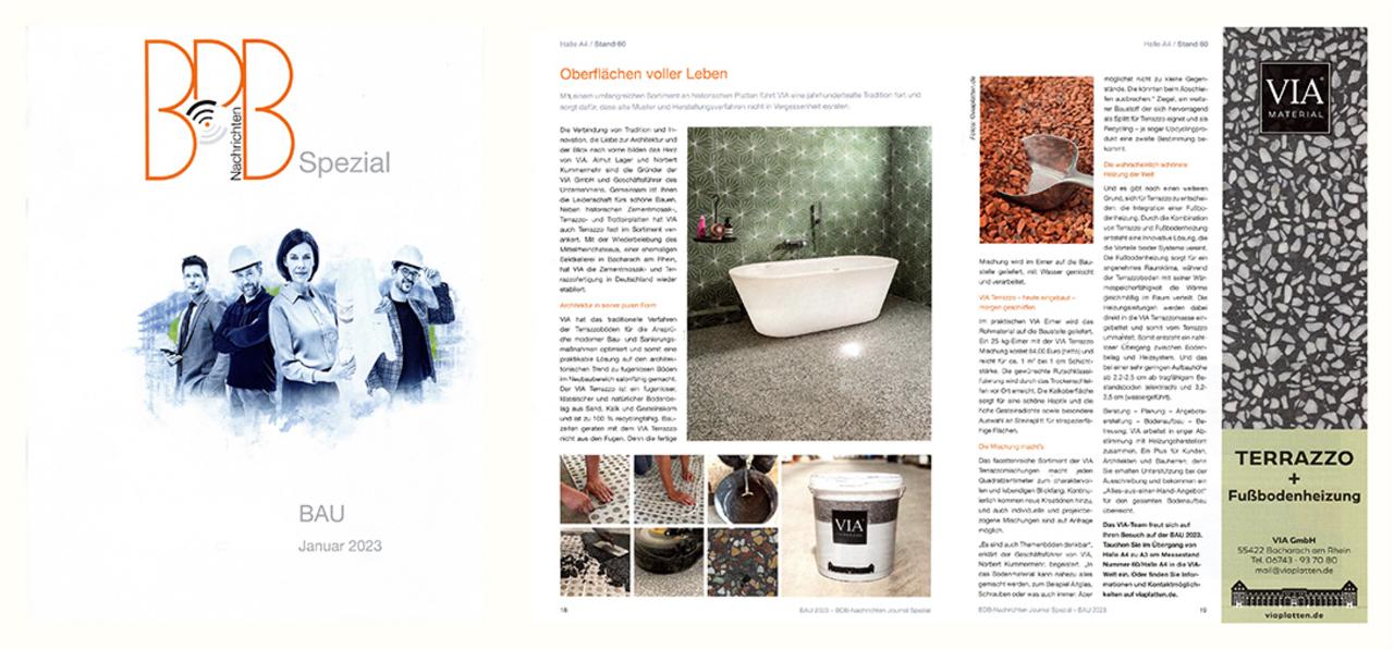 Abbildung Cover der Zeitschrift ABDB Spezail BAU 2023 mit einem Bericht über Terrazzo fugenlos