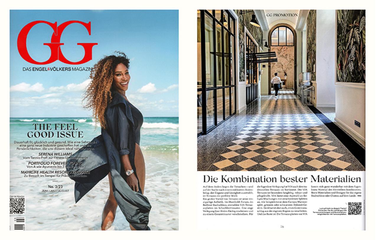 Abbildung Cover der Zeitschrift GG mit einem Bericht über VIA Terrazzoplatten weiss schwarz