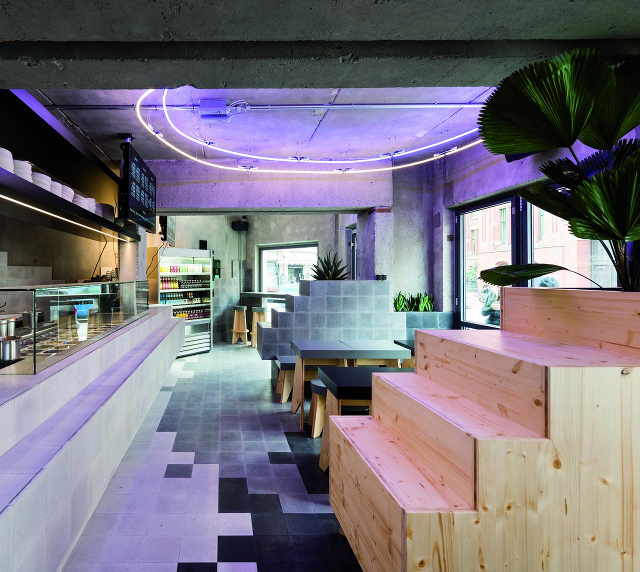 Restaurant Beets und Roots Berlin Via Viaplatten Terrazzo Terrazzoplatten Fliese Bodenbelag 700030 700052 700061 700060 rosa weiss hellgrau schwarz