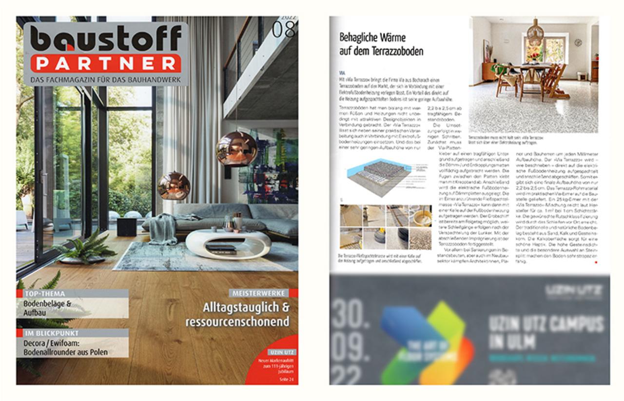 Abbildung Cover der Zeitschrift baustoffPartner mit einem Bericht über VIA Produkte