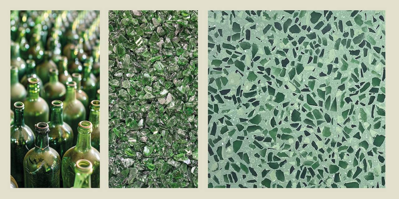 Bilderreihe mit grünen Altglasflaschen, Glassplitt und Terrazzo mit Glassplitt grün