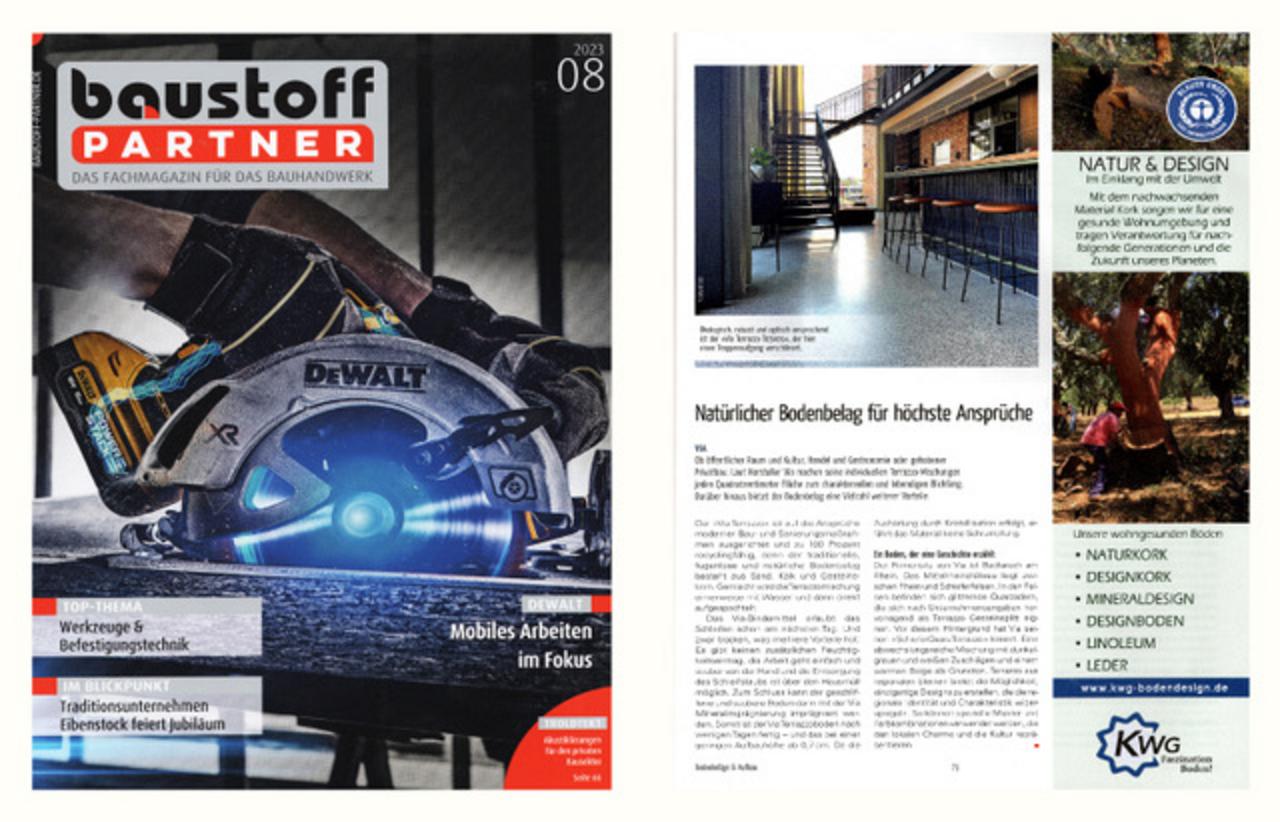 Abbildung Cover der Zeitschrift baustoffPartner mit einem Bericht über VIA Produkte