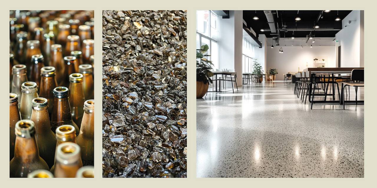 Bildstrecke von alten braunen Glasflaschen zu einem Recycling-Terrazzo mit braunem Glas