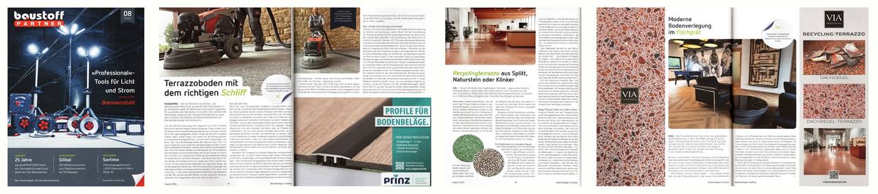Abbildung Cover der Zeitschrift baustoffPARTNER mit einem Bericht über VIA Terrazzo und Recycling-Terrazzo