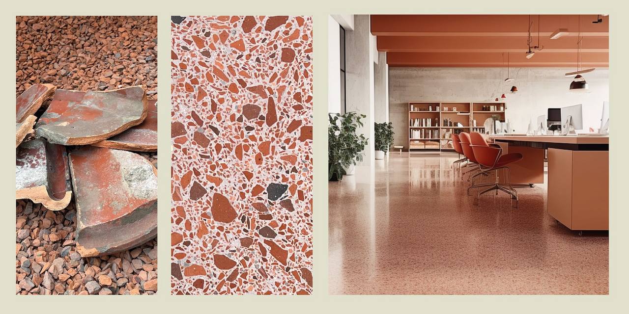 Bildstrecke von alten Dachziegeln zu einem Recycling-Terrazzo mit Dachziegelsplitt